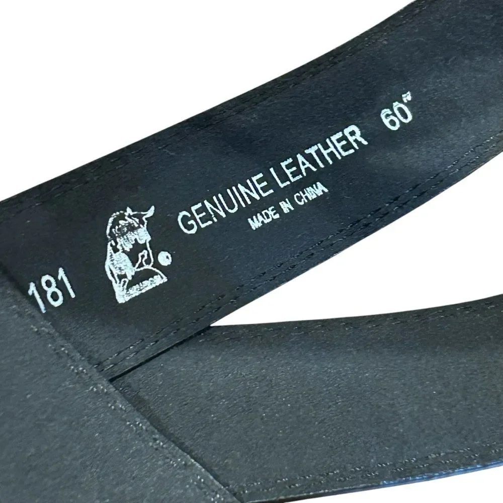 Black Genuine Leather Belt Silver Buckle sz 60
